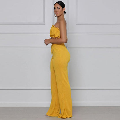 Deux Pièces Pantalon Taille haute et Top Couleur Unie Et Cordon De Serrage