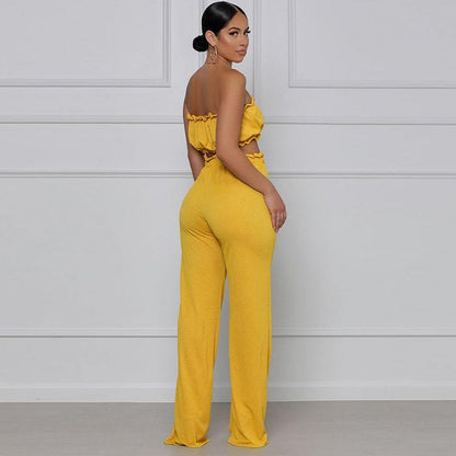 Deux Pièces Pantalon Taille haute et Top Couleur Unie Et Cordon De Serrage