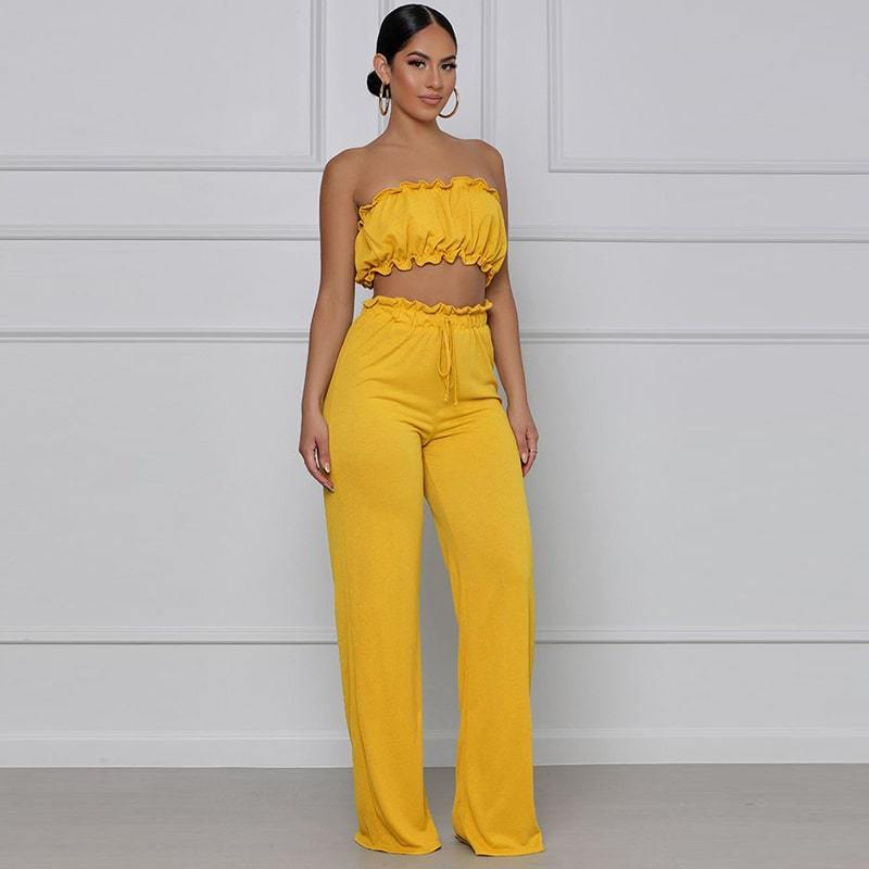 Deux Pièces Pantalon Taille haute et Top Couleur Unie Et Cordon De Serrage