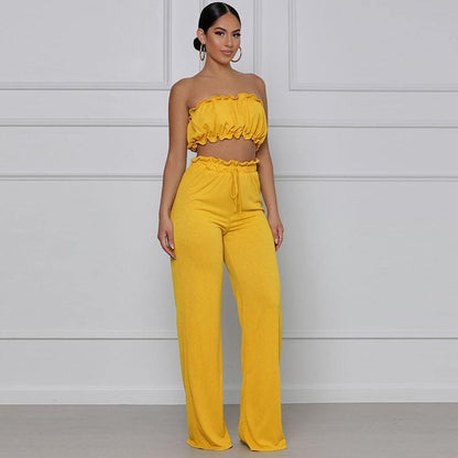 Deux Pièces Pantalon Taille haute et Top Couleur Unie Et Cordon De Serrage