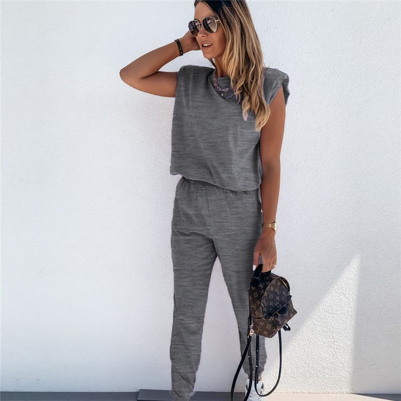 Deux pièces Pantalon Haut Sans Manches Décontracté De Couleur Unie