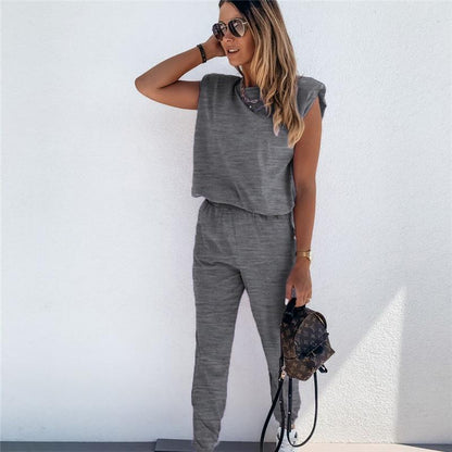 Deux pièces Pantalon Haut Sans Manches Décontracté De Couleur Unie