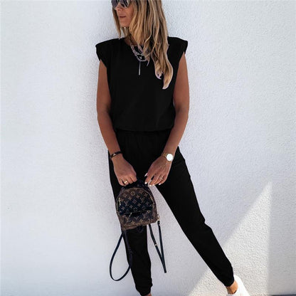 Deux pièces Pantalon Haut Sans Manches Décontracté De Couleur Unie