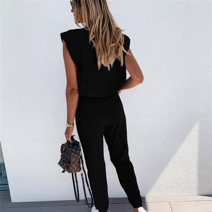 Deux pièces Pantalon Haut Sans Manches Décontracté De Couleur Unie