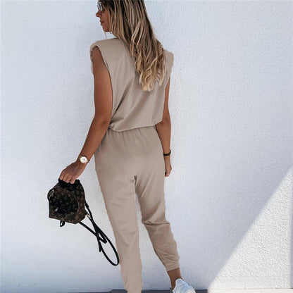 Deux pièces Pantalon Haut Sans Manches Décontracté De Couleur Unie