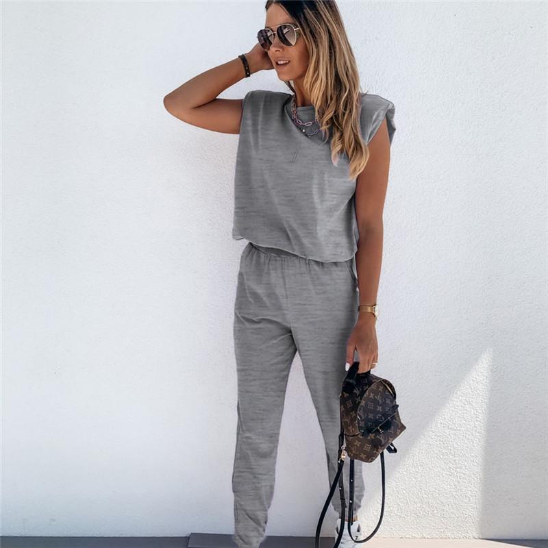 Deux pièces Pantalon Haut Sans Manches Décontracté De Couleur Unie