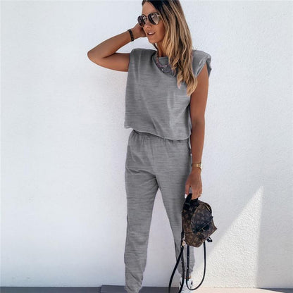 Deux pièces Pantalon Haut Sans Manches Décontracté De Couleur Unie