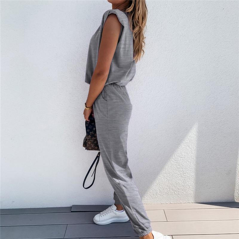 Deux pièces Pantalon Haut Sans Manches Décontracté De Couleur Unie