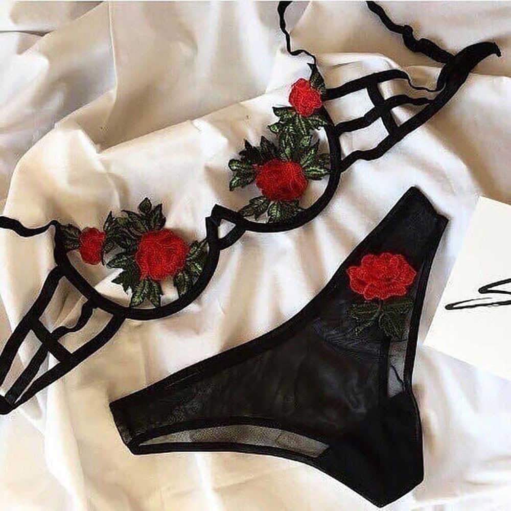 Ensemble de culottes de soutien-gorge ultra-fines transparentes en maille sexy Broderie Florale