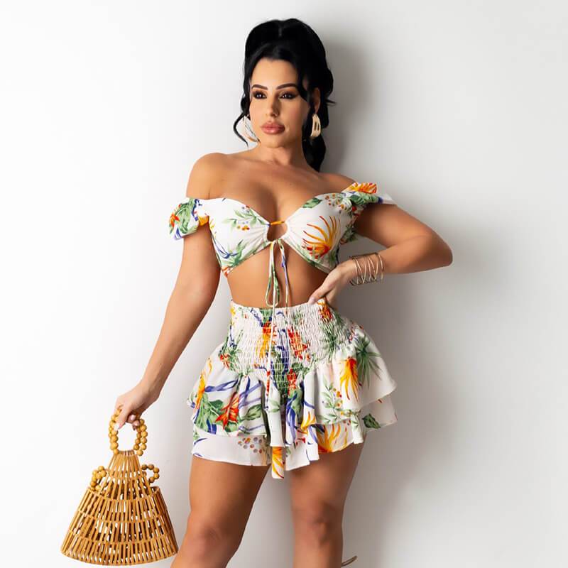 Ensemble deux pièces haut et jupe à fleurs sexy à épaules dénudées