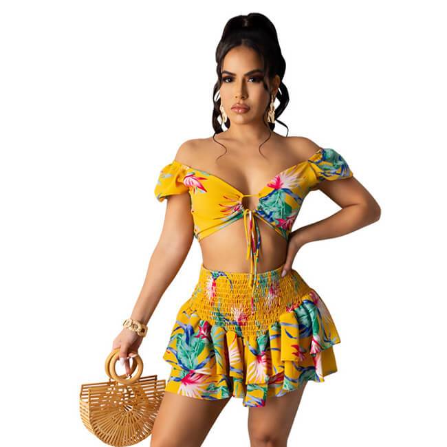 Ensemble deux pièces haut et jupe à fleurs sexy à épaules dénudées