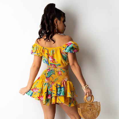 Ensemble deux pièces haut et jupe à fleurs sexy à épaules dénudées