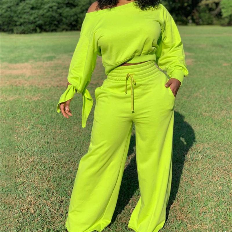 Ensemble deux pièces haut et pantalon noué décontracté de couleur unie