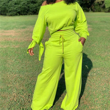 Ensemble deux pièces haut et pantalon noué décontracté de couleur unie