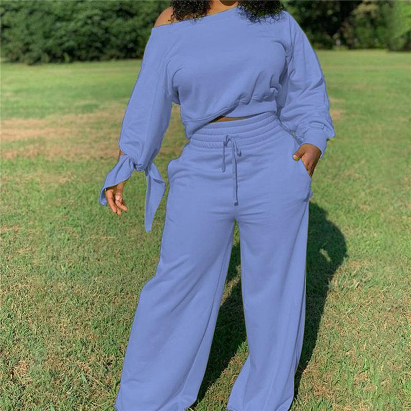 Ensemble deux pièces haut et pantalon noué décontracté de couleur unie