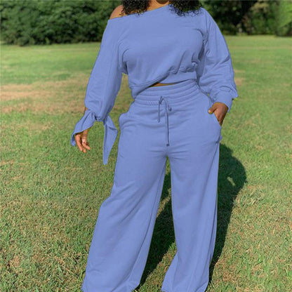 Ensemble deux pièces haut et pantalon noué décontracté de couleur unie