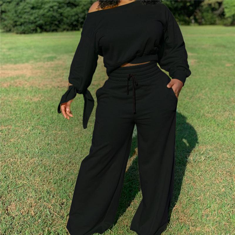 Ensemble deux pièces haut et pantalon noué décontracté de couleur unie