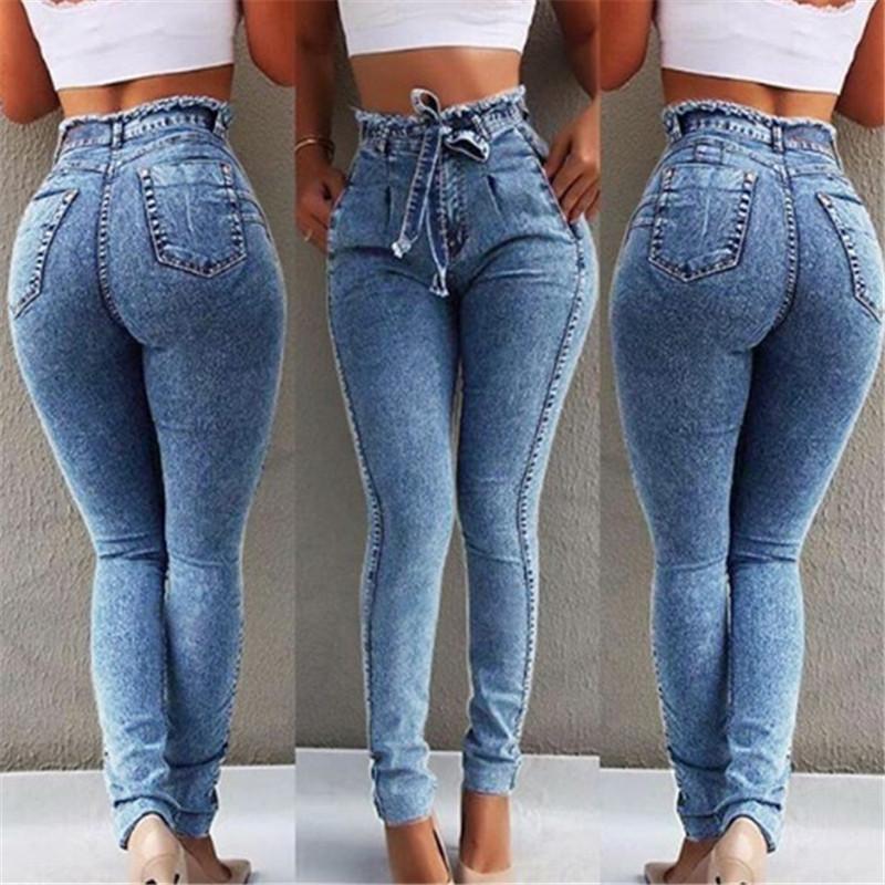 Jeans Serrés Taille Haute Ceinture