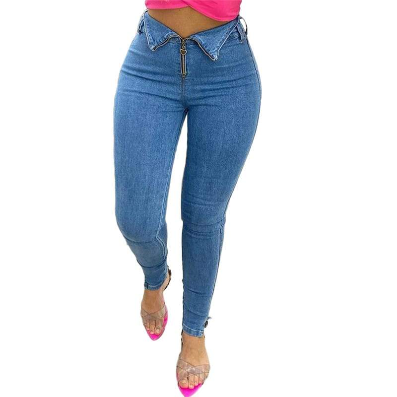 Jeans Slim Irrégulière Taille Haute Fermeture Éclair