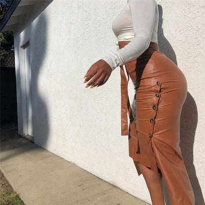 Jupe PU Mode Taille Haute à fente latérale