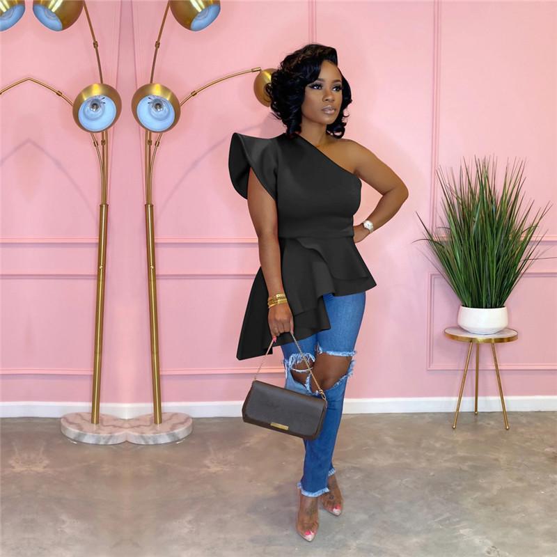 Mode Oblique Épaule Ébouriffée Ourlet Irrégulier Blouses