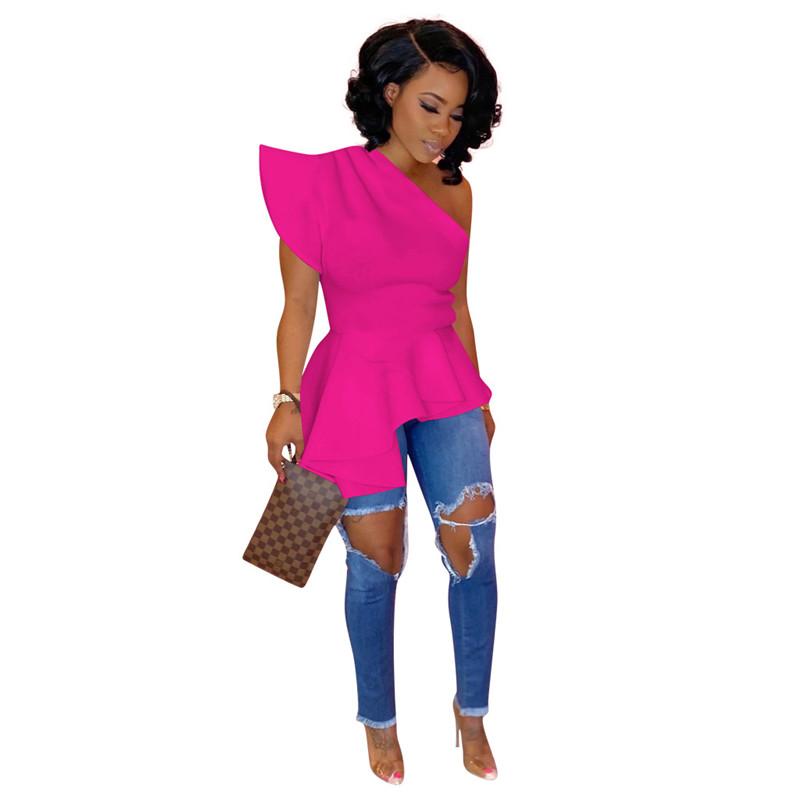 Mode Oblique Épaule Ébouriffée Ourlet Irrégulier Blouses