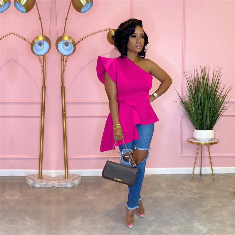 Mode Oblique Épaule Ébouriffée Ourlet Irrégulier Blouses