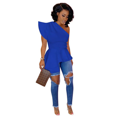 Mode Oblique Épaule Ébouriffée Ourlet Irrégulier Blouses