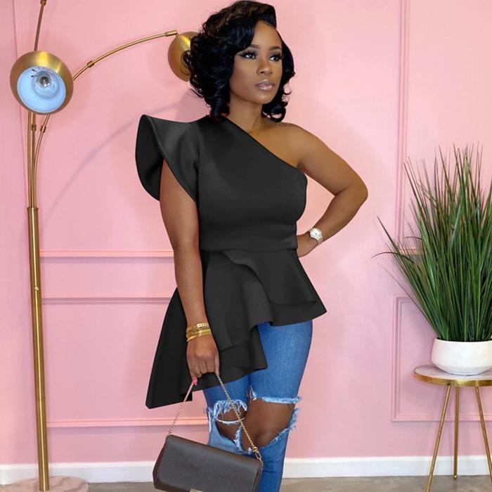 Mode Oblique Épaule Ébouriffée Ourlet Irrégulier Blouses