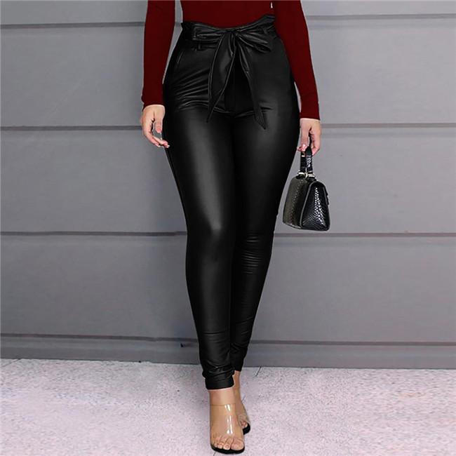 Pantalon Couleur Unie Taille Haute A Ceinture PU