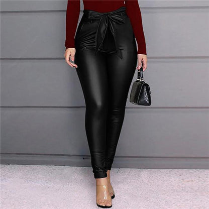 Pantalon Couleur Unie Taille Haute A Ceinture PU