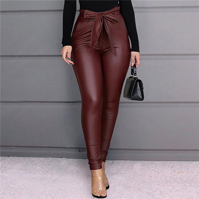 Pantalon Couleur Unie Taille Haute A Ceinture PU