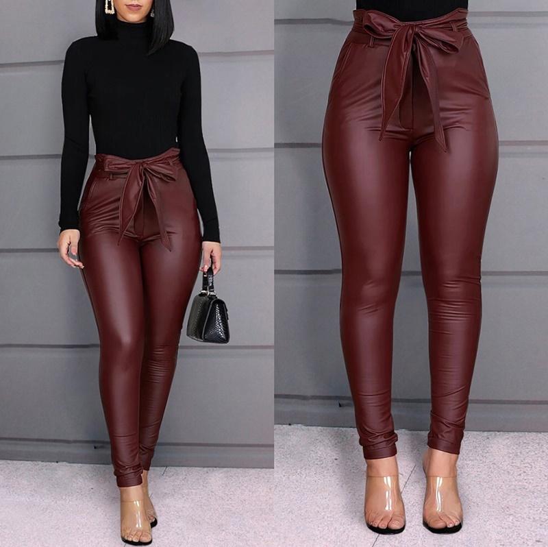 Pantalon Couleur Unie Taille Haute A Ceinture PU