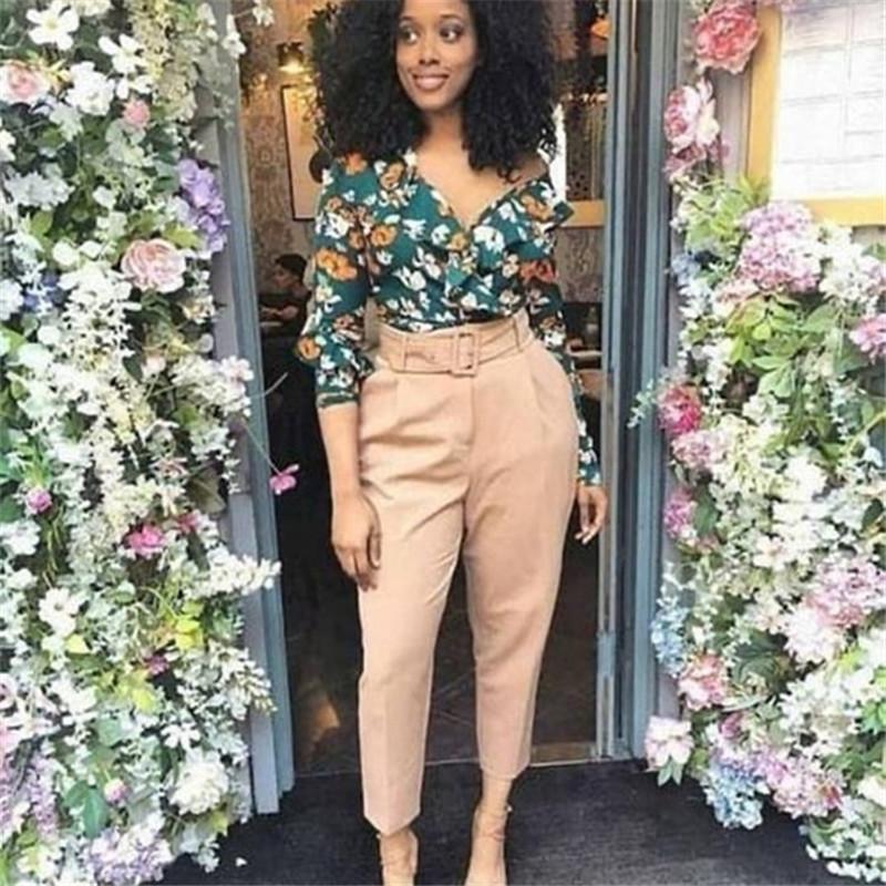 Pantalon Décontractée Taille Haute Couleur Unie