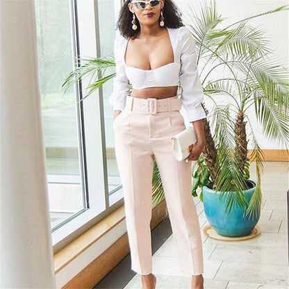 Pantalon Décontractée Taille Haute Couleur Unie