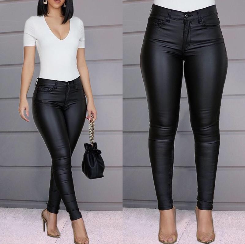 Pantalon Taille Haute Couleur Unie simili cuir