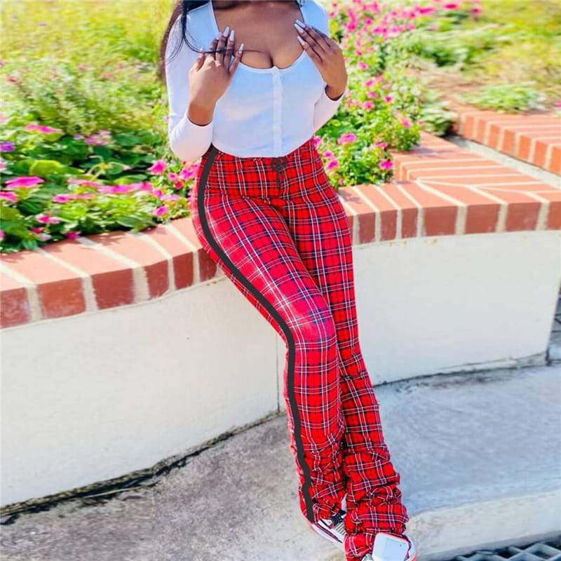 Pantalon Taille Haute Imprimé Plaid