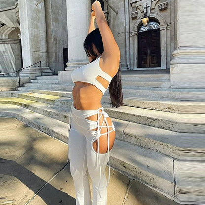 Pantalon à lacets de couleur unie découpé