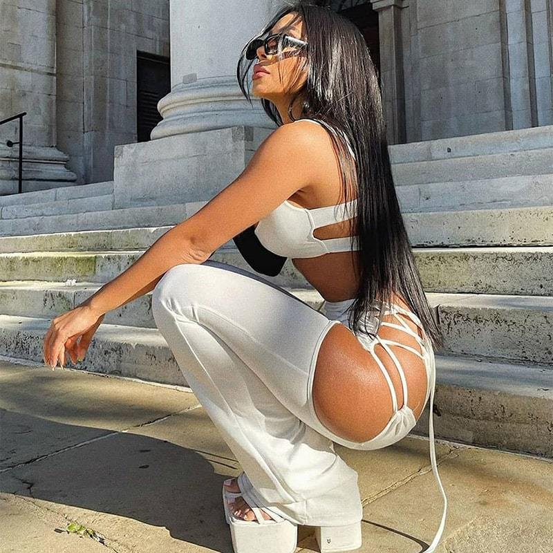 Pantalon à lacets de couleur unie découpé