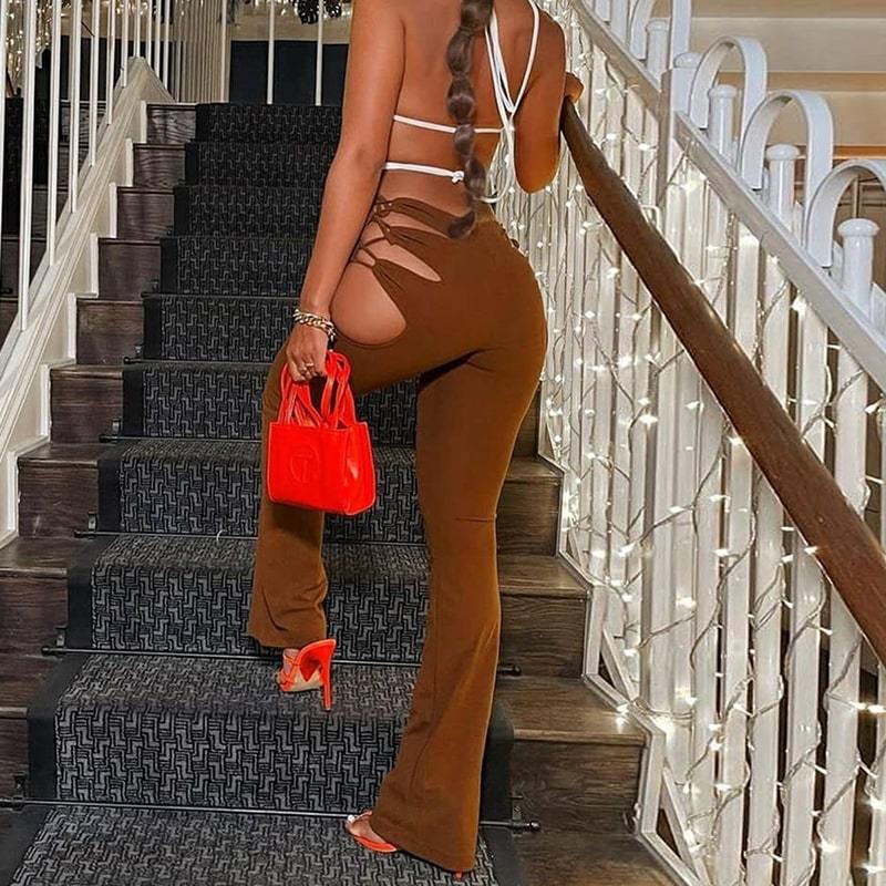 Pantalon à lacets de couleur unie découpé