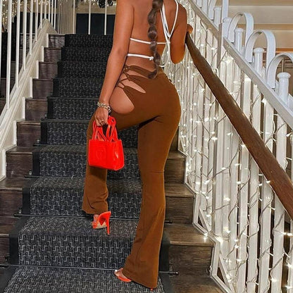 Pantalon à lacets de couleur unie découpé