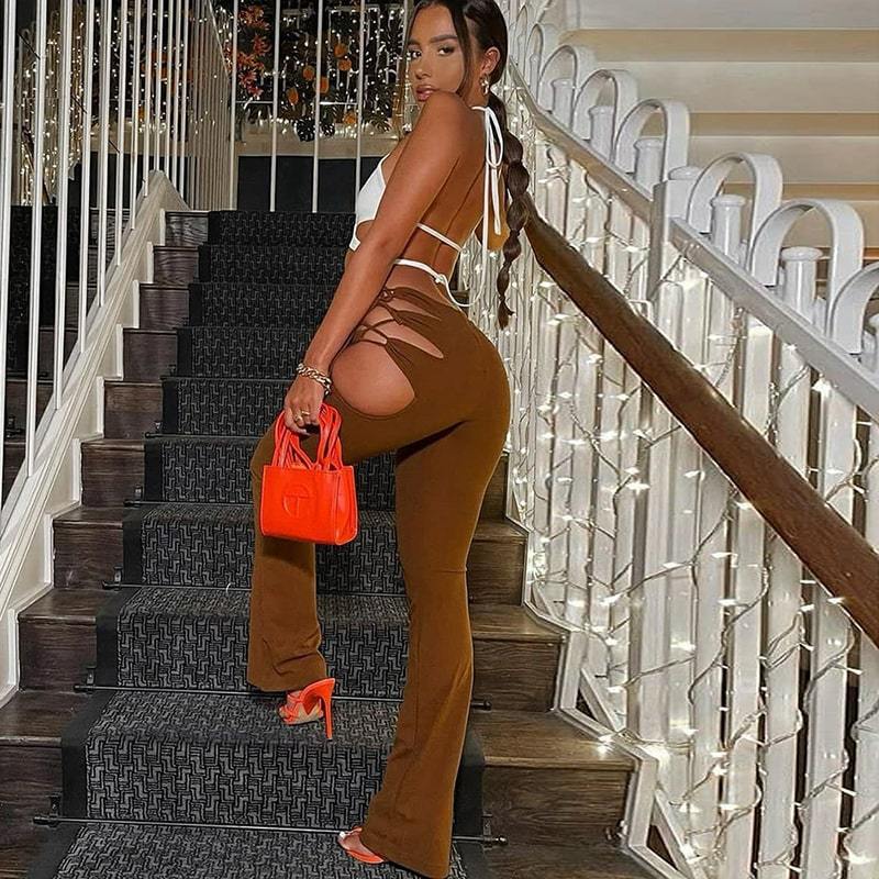 Pantalon à lacets de couleur unie découpé