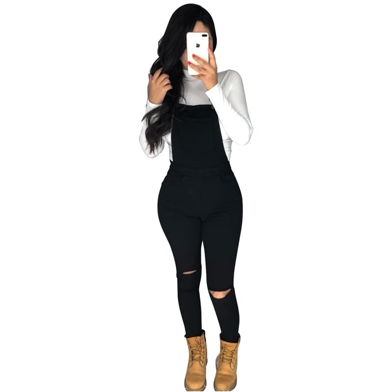 Pantalons Denim Breteller Couleur UnIe Déchiré