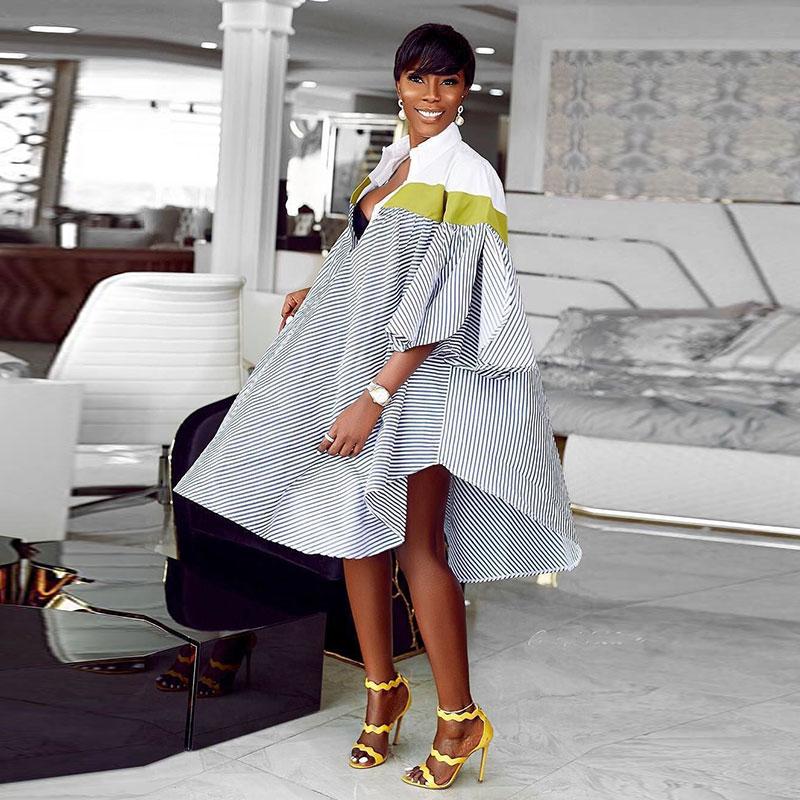 Rayures Revers Uni Poitrine Irrégulière Robe Ample