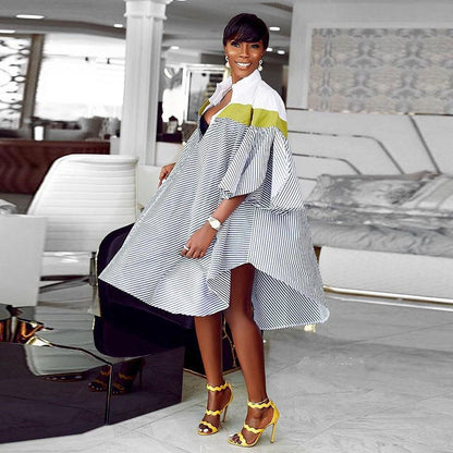 Rayures Revers Uni Poitrine Irrégulière Robe Ample