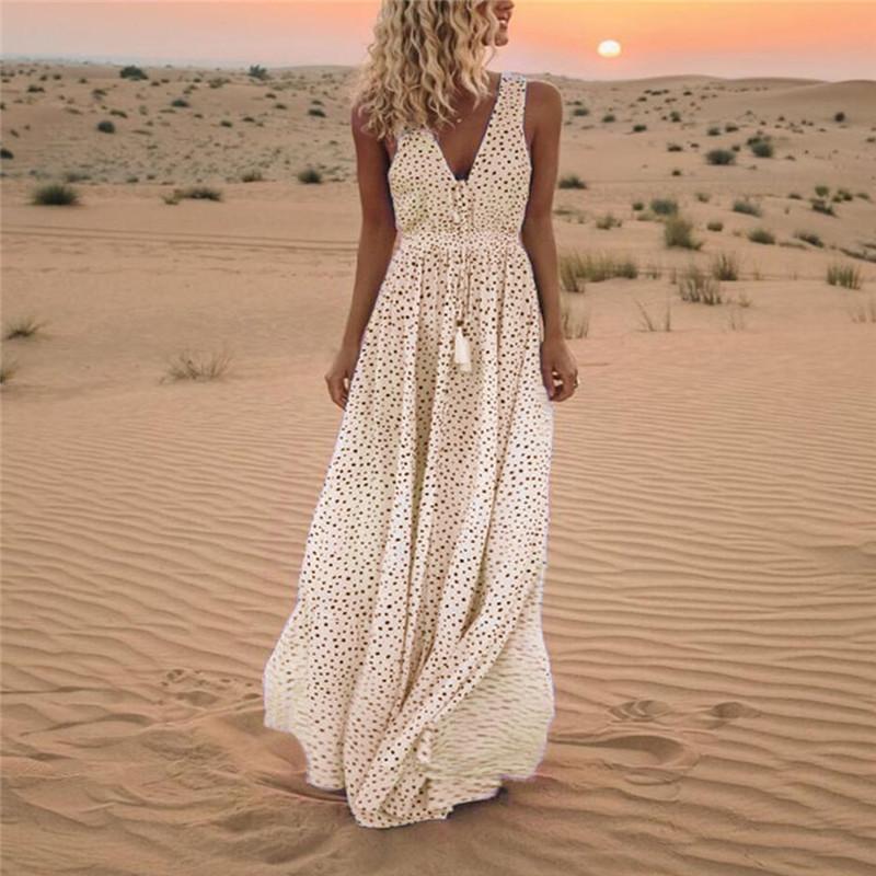 Robe Maxi Imprimée Col V à Pois Style Bohême