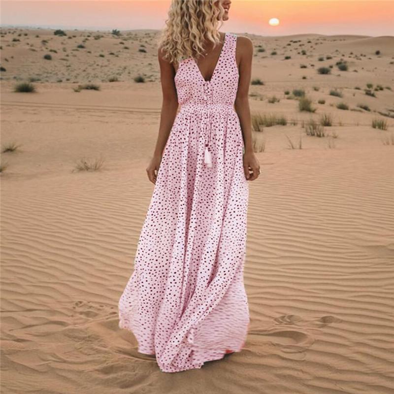 Robe Maxi Imprimée Col V à Pois Style Bohême