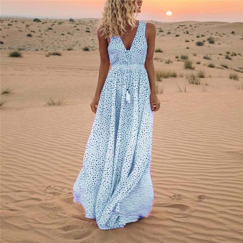 Robe Maxi Imprimée Col V à Pois Style Bohême