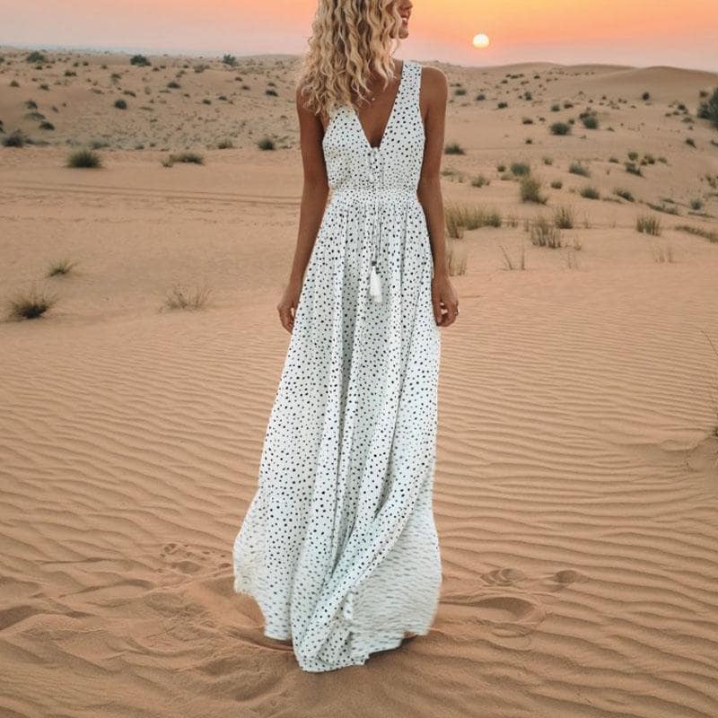 Robe Maxi Imprimée Col V à Pois Style Bohême