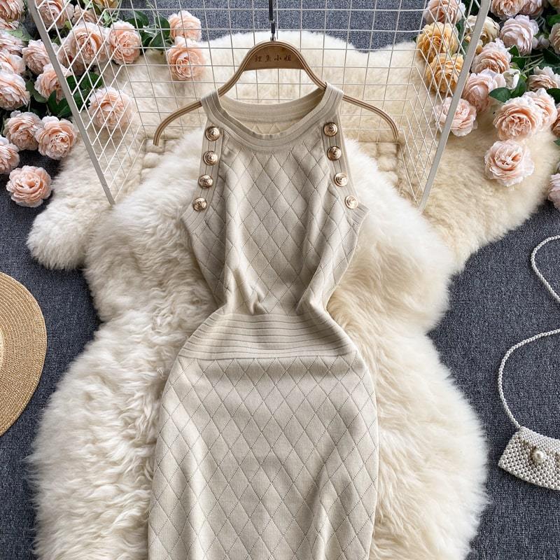 Robe Sans Manches Élégant Bouton en Métal